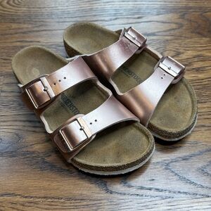 Birkenstock Arizona Girls Metallic Rose Gold / Copper Sandals Cork Footbed 1-1.5